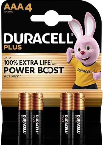 4 x Duracell AAA Plus Power Boost jusqu'à 100 % de durée supplémentaire (1 ampoule de 4 batteries) 4 piles mini stylet (LR03/MN2400)