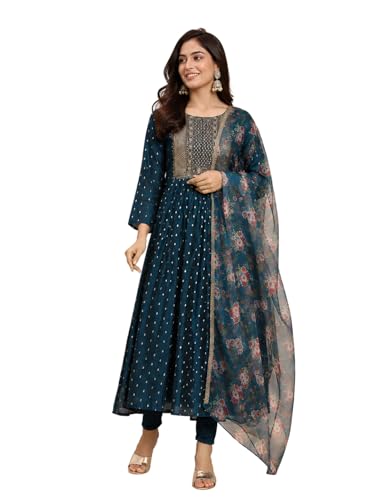 Image of Women's Chanderi Kurta with Legging and Dupatta | Modern & Traditional Blend Ethnic Wear Set | Festive & Casual Summer Kurti with Pants for Party Office & Ethnic Occasions