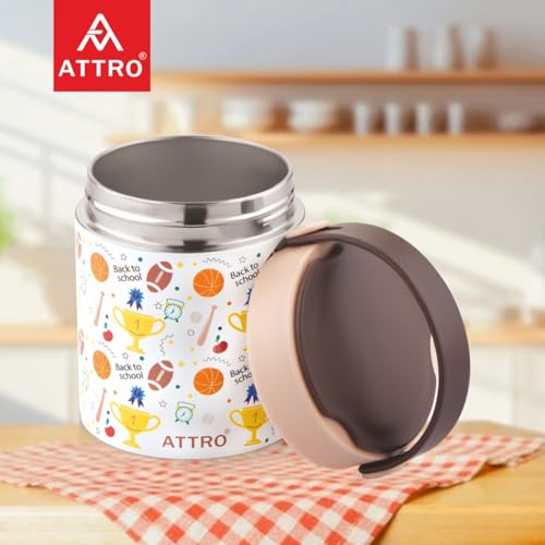 Image of ATTRO Happy Go Vacuum Insulated ISI Certified Stainless Steel Soup Jar 500ml, Leakproof & BPA Free for Kids & Adults, Long Temperature Retention,Ideal for School, Office & Travel - Sports Trophy Brown