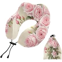 Travel Pillow for Neck Head, Chic Retro Rose Pink Leaves Memory Foam Padding Sleeping Airplane Trains Cars Camping Office