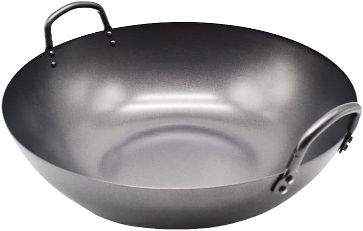 14" Heavy Duty Carbon Steel Wok Pan with Flat Bottom (Dual Handle Steel Rod), Hard Anodized Titanium Non Stick Coating for Commercial Stovetop Gas Electric Ceramic & Induction