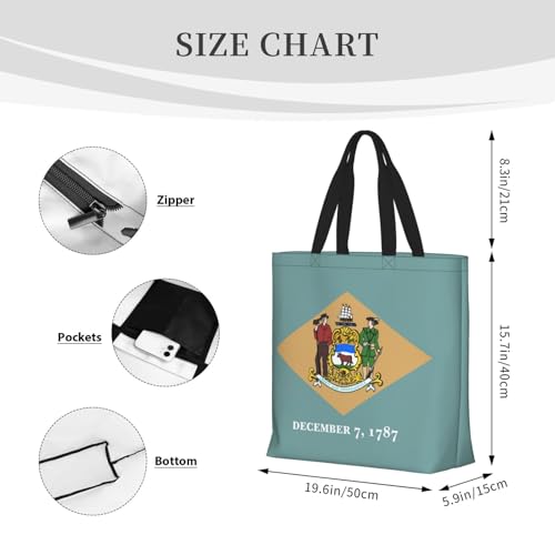 Flag Of Delaware Print Tote Bags, Large Capacity Zipper Shoulder Bag, For Shopping, Work, Daily4