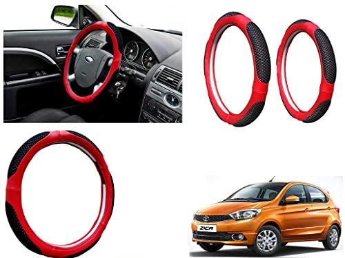 Image of Microfiber Car Steering Wheel Cover, Soft Padding Great Hand Feel, Anti-Slip, Faux Leather Steering Cover for Tata Zica | Black Red Jali - Pack of 1
