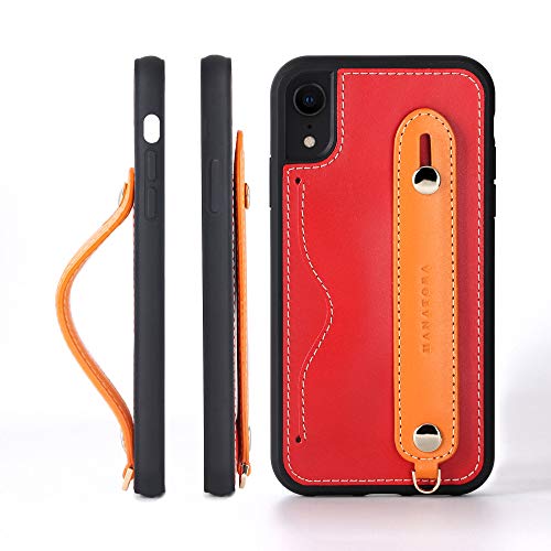 HANATORA iPhone XR グリップケース レザー 本革 ストラップ付属 イタリア製牛革 ヌメ革 片手操作 カード収納 スタンド機能 メンズ レディース レッド/オレンジ CGH-XR-Red-OG