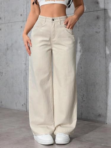 Image of Women's Off-White High Waist Denim Jeans | Straight, Relaxed, Wide Leg & Baggy Fit | High Rise Loose Oversized Denim Pants for Women | Comfortable Casual Everyday Wear | Oversized Woman baggys