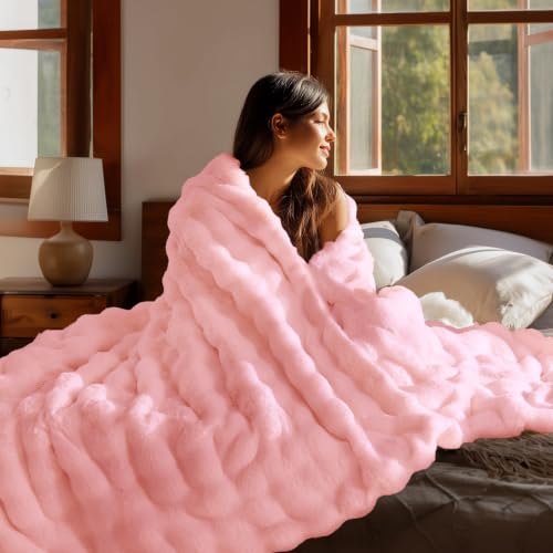 Image of BEDELITE Faux Fur Throw Bubble Blanket for Couch, 50 inch x 60 inch, Light Pink