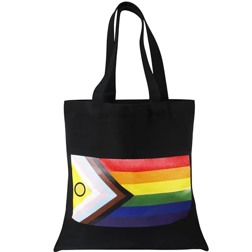 TRIXES Bolso de mano negro con bandera del Orgullo del Progreso   Bolso de compras LGBTQIA2s+   Comprador de algodón con asa larga