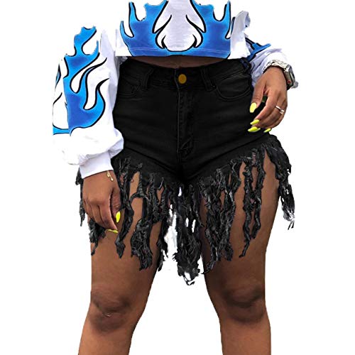 Weigou Women Denim Shorts High Waisted Tassels Summer Stretchy Frayed Raw Hem Short Jeans Clubwear Jeans Short (Black, XXL)