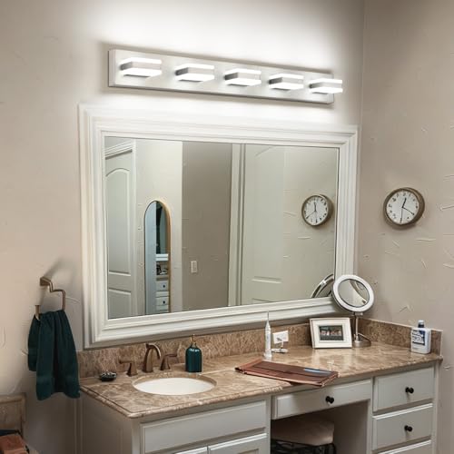 Image of SOLFART Bathroom Brushed Nickel Bathroom Light Fixture, Vanity Lights Over Mirror, 5 Light Led Lights for Bathrooms,5 Color Temperature Adjustable Vanity Lights for Bath Nickel ETL Listed