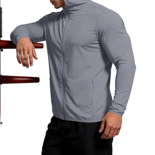 Mens Fishing Hoodie Mens Lightweight Hoodie Comfortable Long Sleeve Full Zip Uv Protection Jacket Lightweight Hiking Athletic Sun Shirt with Thumbholes Gray XX-Large — view 3