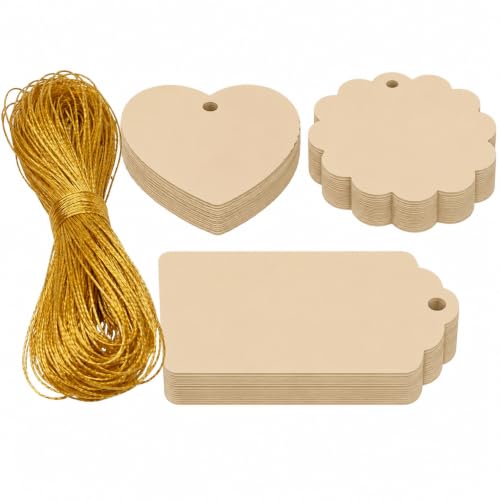 Image of CVANU Premium Gift Tags (60 Pcs) - 3 Designs Blank Hanging Tags with Pre-Punched Holes & Golden String for DIY Crafts| Gift Wrapping| Small Business & Labelling (Cream2)