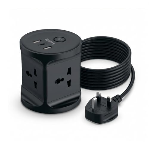 Taktik Cube 3-Way UK Power Socket | 2500W Extension Lead with USB & USB-C Ports | 3M Power Extension Cable | 4 Universal Port Socket (Black)