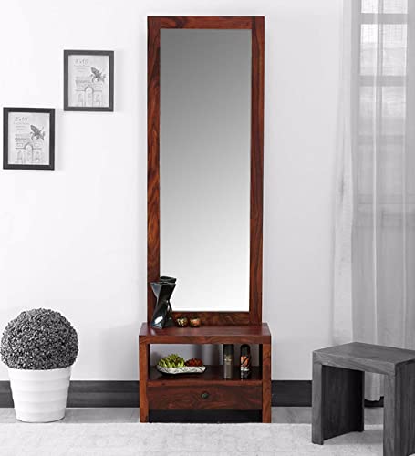 Image of Solid Sheesham Wood Dressing Table with Storage and Mirror | Dressing Table with 1 Drawer Storage (Solid Sheesham Wood, 58x35x182 CM, Teak Finish)