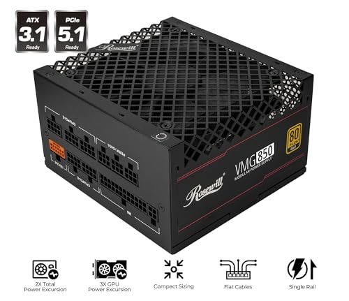 Image of Rosewill VMG 850W 80+ Gold, ATX 3.0 & 3.1 Compatible, Full Modular Low-Noise Power Supply, PCIe 5.1 12V-2x6 Connector, 100% Japanese Electrolytic Capacitor, 120mm FDB Silent Fan - 5 Year Warranty