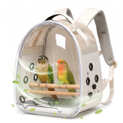 Bird Carrier Backpack for Small Medium Birds Bird Travel Cage with Adjustable 2 Wooden Perches Removable Tray Feeder Cups Sunshade Cover Bird Backpack for Parakeet Cockatiel Conure Quaker Lovebird