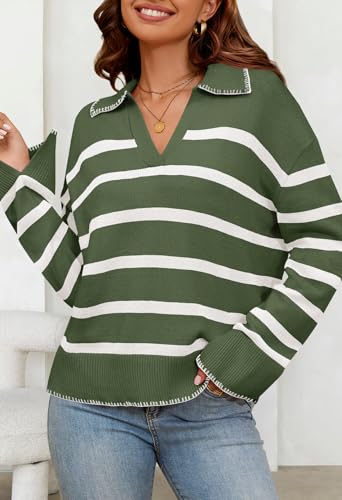 MEROKEETY Women's 2024 Fall Oversized Striped Sweater Collared V Neck Long Sleeve Trendy Knit Pullover Tops2