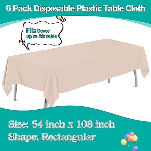 Image of tujol Ivory 6 Pack Plastic Table Cloth 54 inch x 108 inch, Disposable Tablecloths Rectangle Table Cover, Plastic Tablecloths for Parties