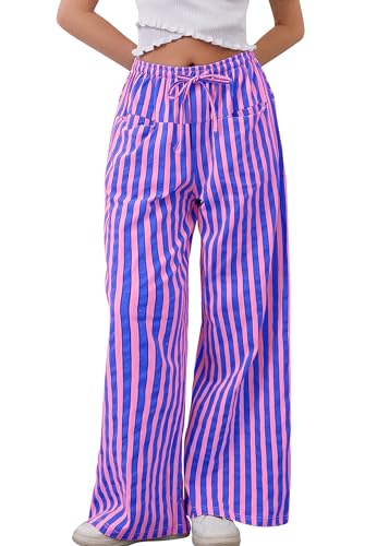 Image of MISSACTIVER Women Drawstring Striped Pants Loose Wide Leg Trousers Comfy Low Waist Pants Casual Lounge Pants with Pockets Pink Blue, Small