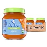 Gerber Stage 1 Baby Food, Organic Carrot Jar, Carrot Puree, Non-GMO, Vegetable Baby Food, Puree Jars Glass, 10-pack
