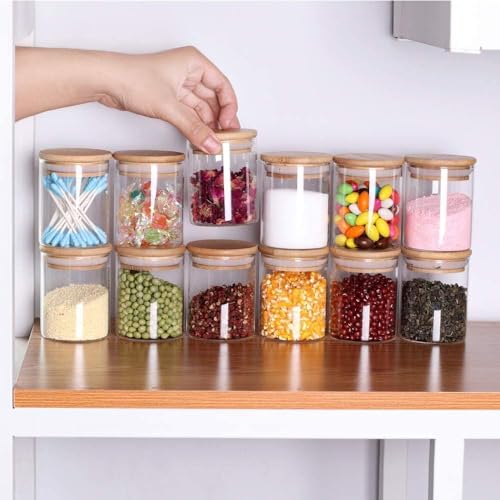 Image of Glass Food Storage Containers with Airtight Bamboo Lid, Coffee Storage Jars for Home Kitchen, Pantry Tea, Spices, Snack (ROUND 220 ML JAR, SET OF 12)