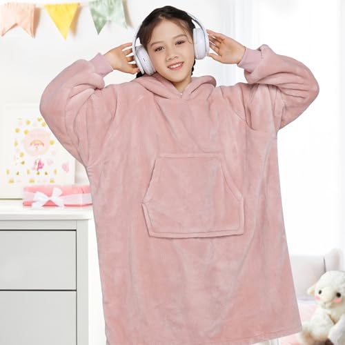 Image of Waitu Wearable Blanket for Kids, Wearable Blanket Hoodie for Teens Girls Boys, Warm Blanket Sweatshirt Gift for Teenage, Hoodie Blanket with Sleeves and Giant Pocket - Pink