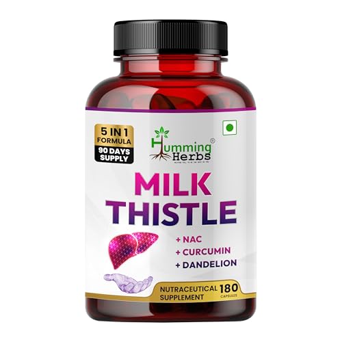 Image of Humming Herbs Milk Thistle Supplement 1140mg Liver Support Formula with NAC, Curcumin, Dandelion and Black Pepper - Bioavailable Detox Supplement - Capsules - 180 Count