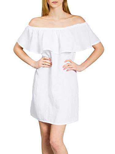 Caspar SKL014 kurzes Damen Sommer Leinenkleid mit Carmen Ausschnitt, Farbe:Weiss, Größe:S/M