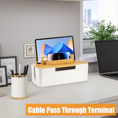 Kabelbox mit Holzdeckel, 30 × 16 × 13 cm Kabel Organizer Box mit Telefon, Smartwatches und Tablet Halterung, Kabelmanagement Box zum Verstecken von Steckdosenleiste und Kabel, Weiß (Weiß)