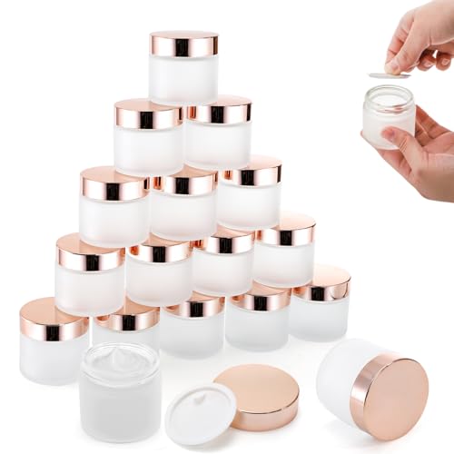 16 Pack 2 OZ Frosted Glass Jars, Empty Sample Cream Jar with Screw Lids & Inner Liners, Reusable Cosmetic Container for Body Scrubs, Lotion, Powder, Ointment, Makeup, Moisturiser, DIY Crafts