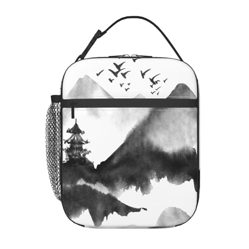 ポータブル断熱ランチバッグ。防水性と漏れ防止性を備え、スタイリッシュで丈夫。仕事、学校、アウトドア活動に最適です。男性にも女性にも適しています。(ブラックマウンテンバードリバーツリーパゴダ水彩インク自然墨絵日本アジア)