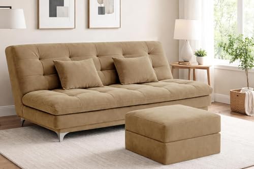 Deco Studio Modern Velvet Convertible 3-Seater Futon Sofa Bed with Ottoman Tufted Sleeper Couch with Adjustable Backrest Living Room Furniture - Golden Color
