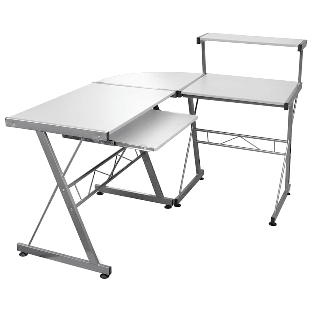Scrivania angolare per computer bianca, in legno, 132 x 112 x 99 cm, a forma di L, con ripiano estraibile per tastiera, spazio e ripiano per ufficio, casa, camera da letto