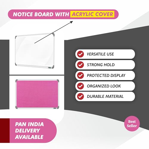 Image of YAJNAS 4X5 Feet Premium Material Pink Designed Notice Board with Acrylic Door /Soft Board /Bulletin Board /Pin-up Display Board for Study Room, Office, School & HOM