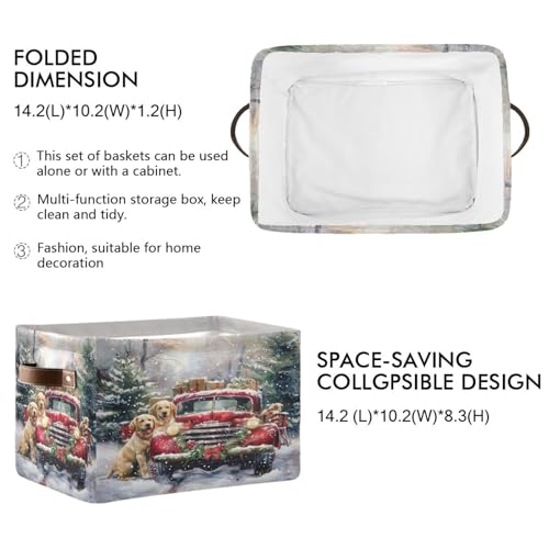 Image of Christmas Truck Golden Retriever Storage Basket Fabric Kitchen Baskets Winter Car Dogs Xmas Tree Open Home Storage Bins Boxes Foldable Organizer Bag for Book Shelf Closet Baskets 16x12x8 Inches 2 Pack