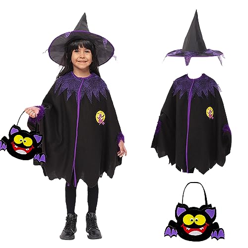 ASSUGO Halloween Umhang Kinder, halloween kostüm kinder mädchen mit halloween tüten, Lila-Schwarz Hexenkostüm Mädchen mit Hexenhut für Fasching Karneval Party 3-10 Jahre 100-140cm