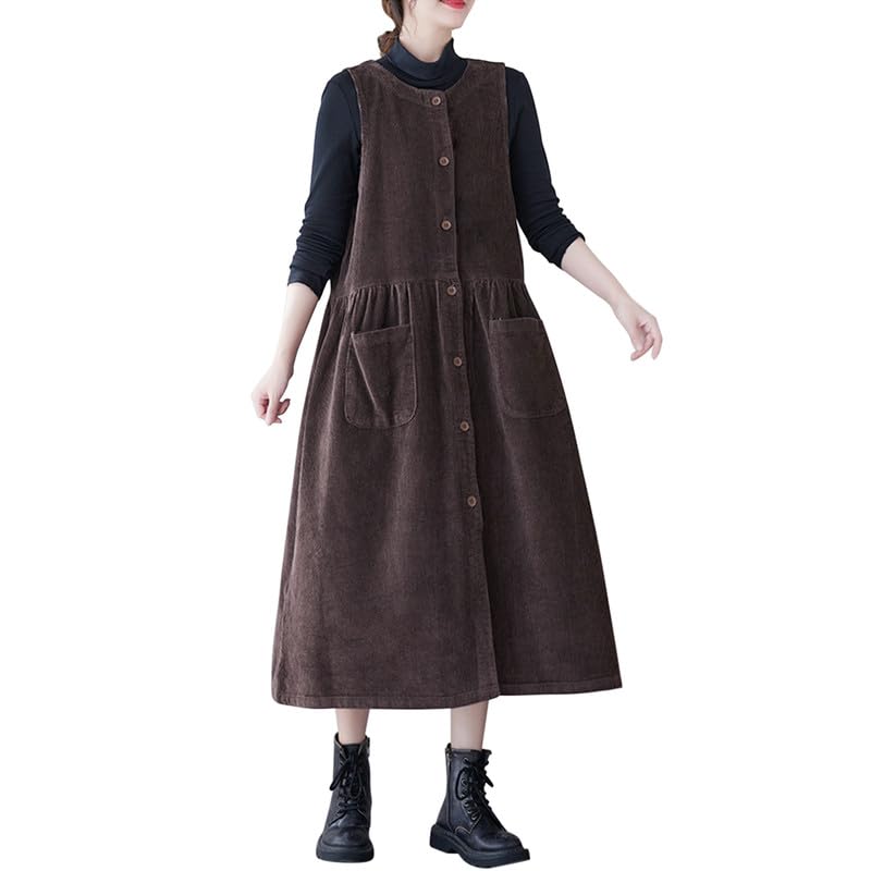 LAEMILIA Damen Cord Latzkleid Ärmellos Overall Maxikleid Knopfleiste Loose Fit langes Hosenträger Kleider mit Taschen für Winter Herbst Frühling