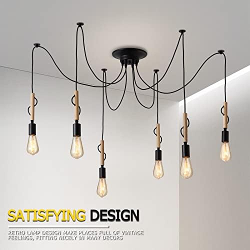 HOLULO Spider Pendant Lights, DIY 6 Arms Adjustable Chandelier Spider Lights Ceiling, Classic Edison E27 Industrial Retro Ceiling Light, Wooden Decoration, for Cafe Dining Hall Restaurant Living Room