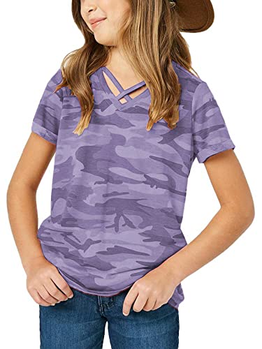 Image of Girls Camouflage Stripe Short Sleeve Shirts V Neck Criss Cross Tees Sweat Kids Casual Sport Tops Blouse(4-15T)