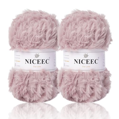 Image of NICEEC 2 Skeins Faux Fur Yarn Super Soft, Chunky & Fluffy, Eyelash Yarn for Crochet & Knitting (Total Length 70yds,3.53oz) - Lotus Root