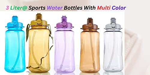 Image of Breewell 3 L Sports Plastic Water Bottle Container BPA Free Travel Mugs with Scale,Straw,Strap for Kids Adult Summer Outdoor Sports | Multi Color (Pack of 1)