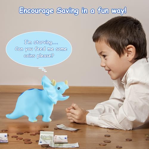 Dinosaur Piggy Bank for Kids, Unbreakable Plastic Money Coin Bank for Boys and Girls, Great Gifts for Birthday, Easter, Christmas (Blue)