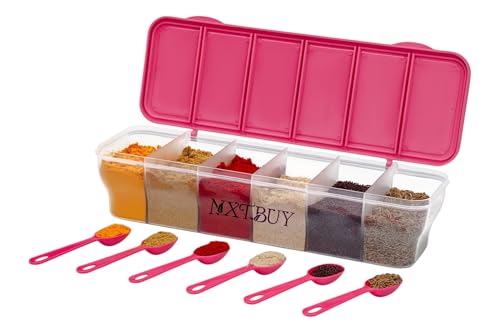 NXTBUY Multipurpose 6-in-1 Masala Box for Kitchen| Airtight BPA-Free Plastic 6 Section Storage Container with 6 Spoons, 1800 ml Transparent Pickle Box