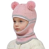 ET Kids Winter Hat Scarf, Toddler Scarf Hat for Girls with Pom Knit Neck Warmer Gaiter Mittens Fleece Lined Set for Kids Age 3-8 Pink