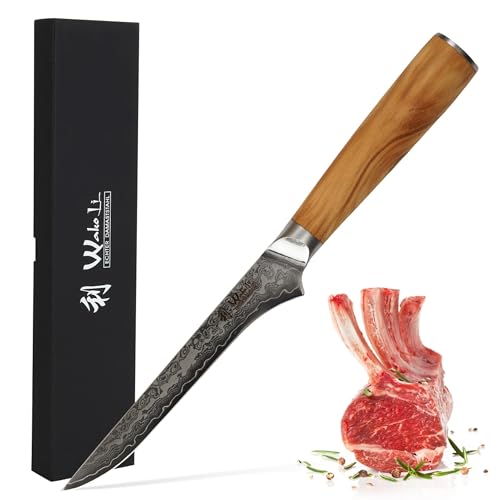 Wakoli Oribu Filetiermesser Ausbeinmesser 14 cm Klinge aus 67 Lagen Damaststahl mit AUS-10 Kern, Olivenholzgriff, ergonomisch, für Fleisch und Fisch, Profi Küchenmesser Geschenkbox, scharf & langlebig