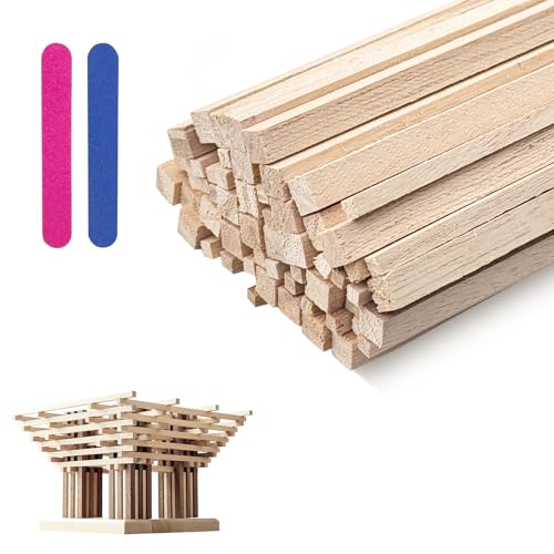 60Stkss Quadratische Holzst&auml;be Set, 3x3x300mm Unbehandeltes Holzstab Eckig, 6x6x300mm Nat&uuml;rlich Basteln Holzleisten, Blanko Hartholzst&auml;bchen mit Nagelfeile, f&uuml;r Heimwerker DIY Handwerk