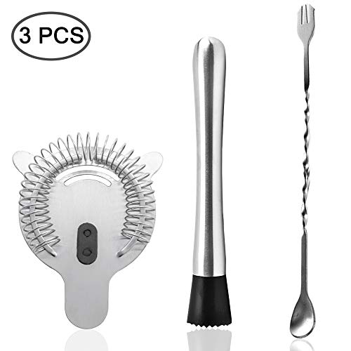 Senhai Stainless Steel Cocktail Muddler, Spiral Mixing Spoon & 4-Prong Bar Strainer, Home Bar Bartender's Muddling Tool Set #TOP1