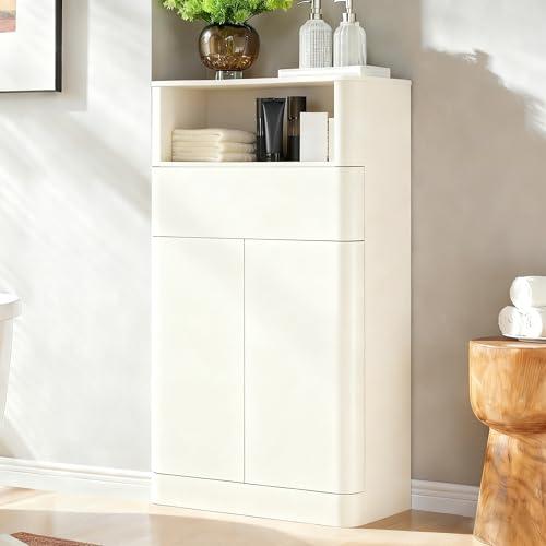 ACCOHOHO Modern Minimalist Bathroom Cabinet with Adjustable Shelf, Sliding Drawer and Magnetic Push Latch, Wooden Storage Cabinet for Bathroom, Living Room and Kitchen, White