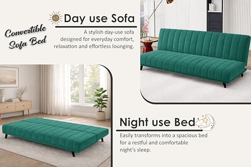 Image of Rosebell- Velvet Fabric Sofa Cum Bed 3-Seater Foldable Convertible Sofa, Modern Tufted Design Couch for Living Room, Guest Room & Office Green Color