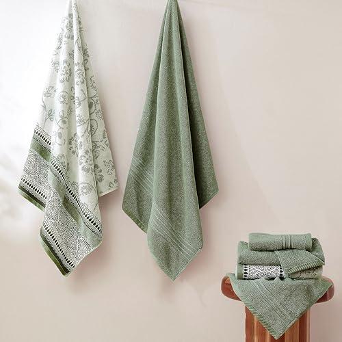 Image of Modern Threads 6 Piece Bath Towel Set - Bathroom Set with 2 Bath Towels, 2 Hand Towels, and 2 Wash Cloths - 100% Cotton, Super Absorbent & Extra Soft - Reversible Floral Trail (Sage Green)