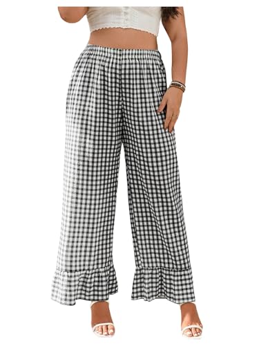 Floerns Women's Plus Size Plaid Wide Leg Pants Elastic Waist Ruffle Hem Casual Trousers Black and White XX-Large Plus
